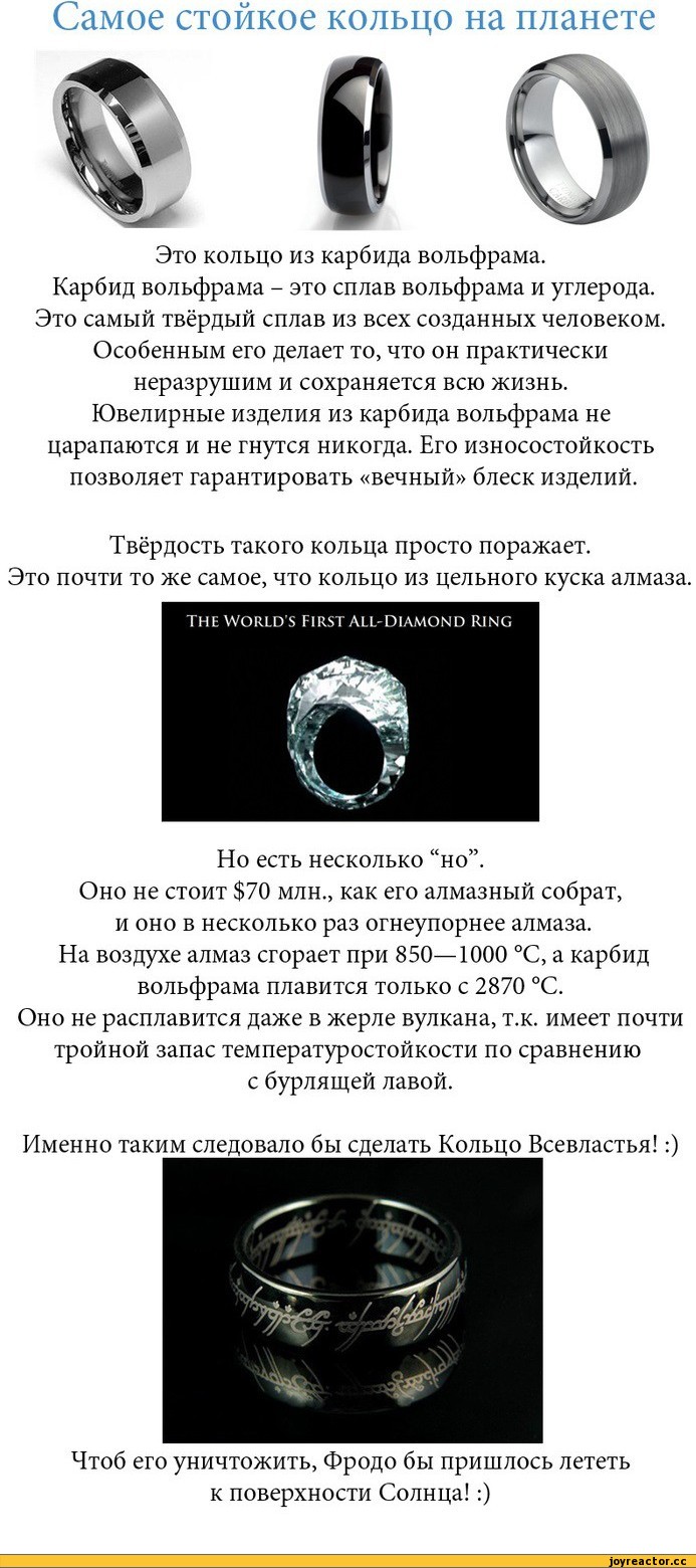 Самое стойкое кольцо на планете Это кольцо из карбида вольфрама. Карбид  вольфрама - это сплав вольфрама и углерода. Это самый твёрдый сплав из всех  созданных человеком. Особенным его делает то, что он